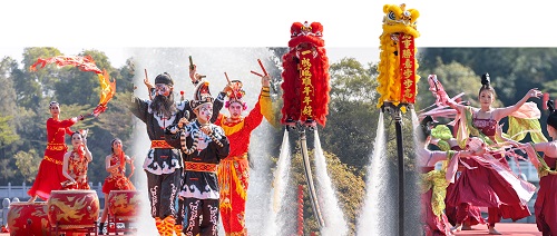 醒狮+英歌+孔雀+财神=广州莲花山
